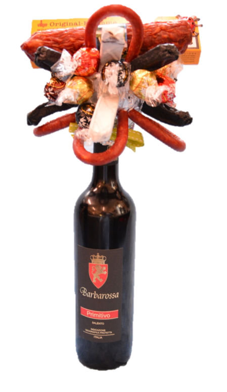 Wurststrauss mit Weinflasche